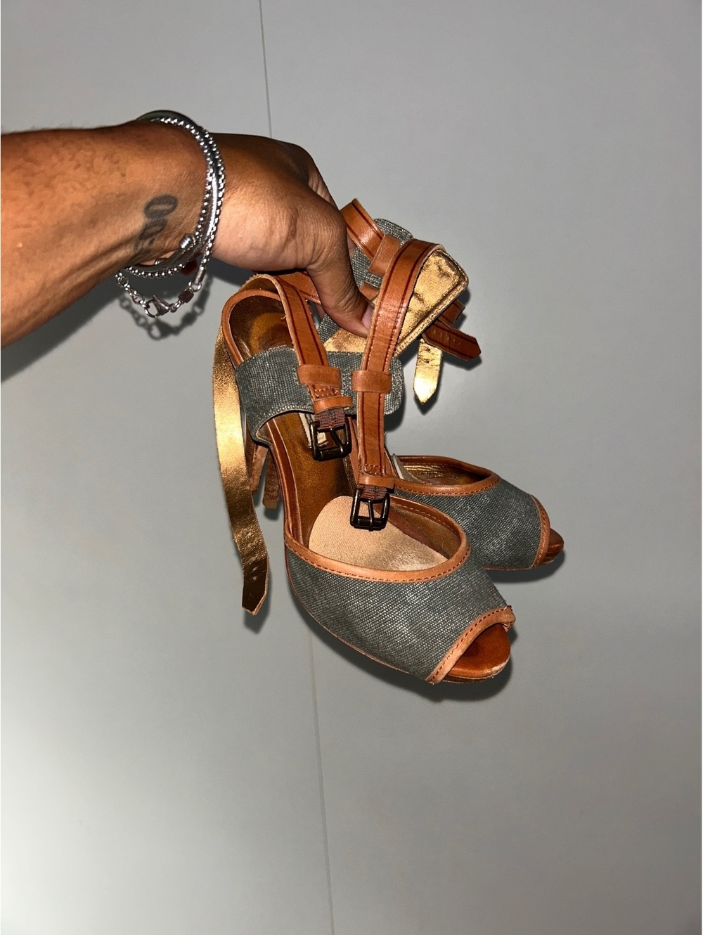 Women's Gray and Tan Peep Toe High Heel Sandals